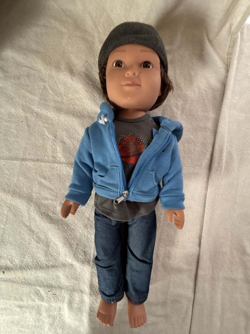 Citytoy   Boy Doll  with Blue Zip-Up Hoodie, Graphic nike Tee, Jeans, and Beanie
